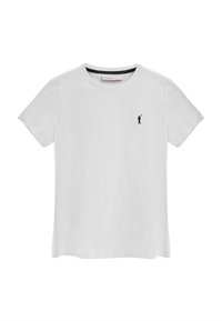 Biała bawełniana koszulka t-shirt z krótkim rękawem, okrągłym dekoltem, z małym czarnym logo golfisty na lewej piersi. Gładka tekstura, klasyczny krój.