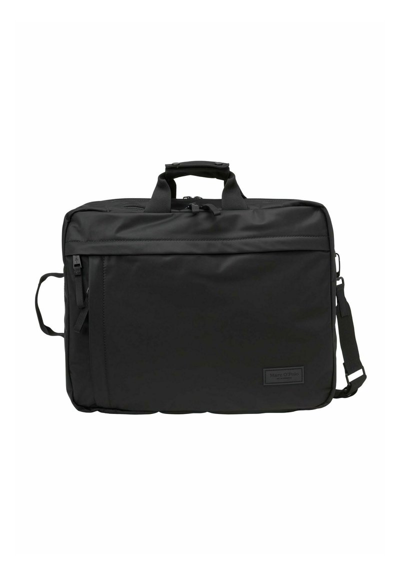 Zwarte laptoptas van duurzaam materiaal, met dubbele handgrepen aan de bovenkant, een afneembare schouderriem en meerdere ritscompartimenten.