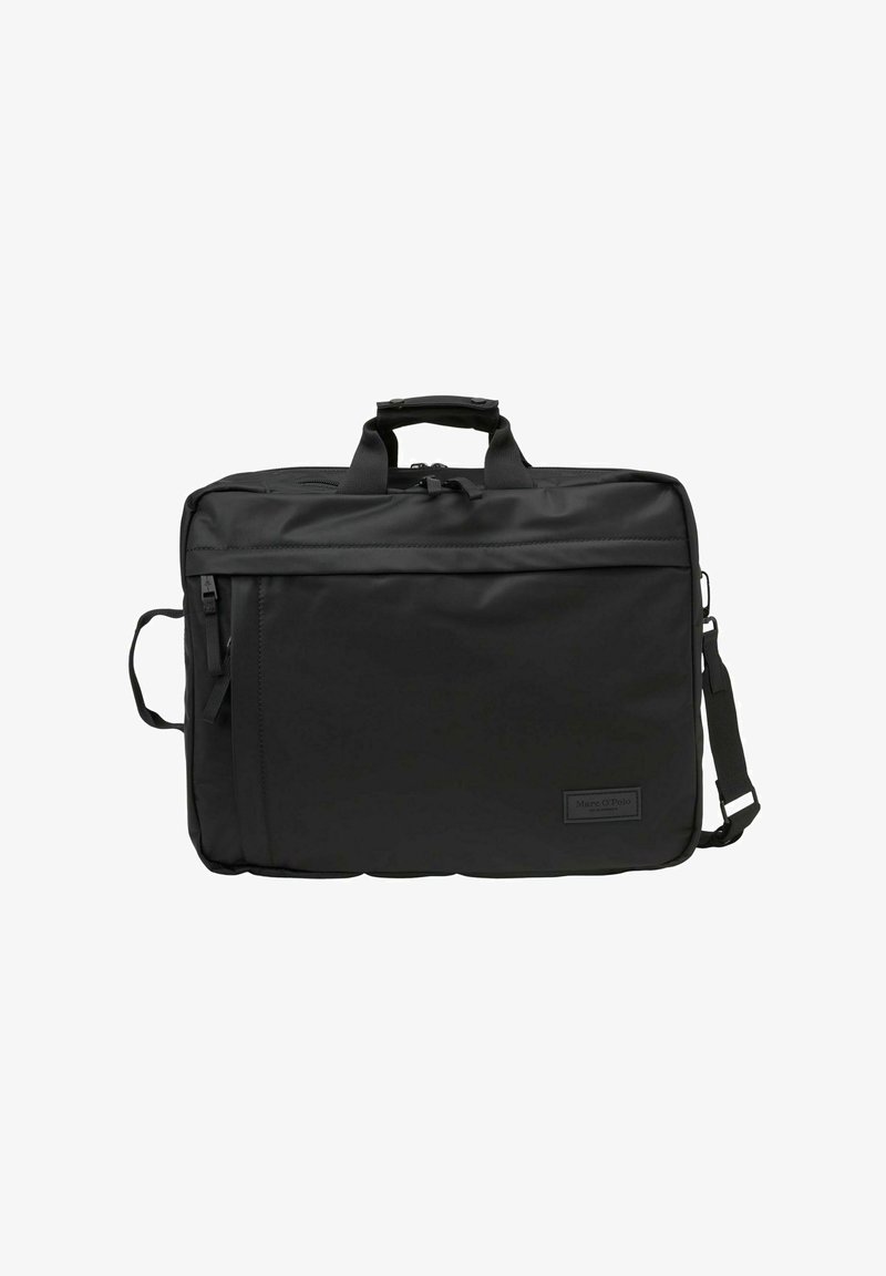 Schwarze Laptoptasche aus strapazierfähigem Material, ausgestattet mit zwei oberen Griffen, einem abnehmbaren Schultergurt und mehreren Reißverschlusstaschen.