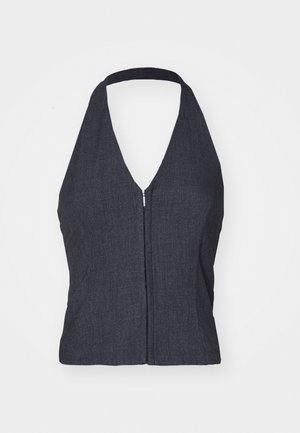 Mørk denim halterneck-top med dyb V-udskæring, lynlåslukning foran og tætsiddende design. Glat tekstur og minimalistisk stil.