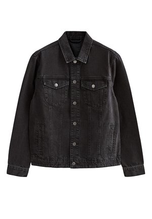 Giacca di denim nera con chiusura frontale a bottoni, due tasche a patta con bottoni sul petto, tasche laterali e colletto classico.