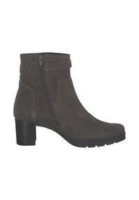 Stivale alla caviglia in suede grigio con punta arrotondata, zip laterale e tacco nero spesso. Presenta una texture liscia e elementi di design minimalisti.