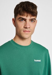 Grön bomullströja med rund halsringning, ribbade cuffs och en vit logotyp på bröstet, med en slät textur.