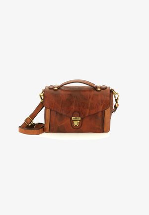 Borsa a tracolla in pelle marrone con manico superiore, tracolla regolabile e chiusura frontale in oro etichettata "Campomaggi".