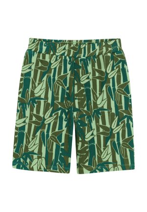 Groene shorts met een bladerthema in verschillende tinten groen. De stof heeft een gestructureerde, geribbelde afwerking en een elastische tailleband.