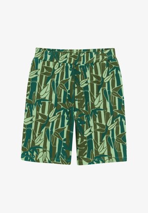 Groene shorts met een bladerthema in verschillende tinten groen. De stof heeft een gestructureerde, geribbelde afwerking en een elastische tailleband.