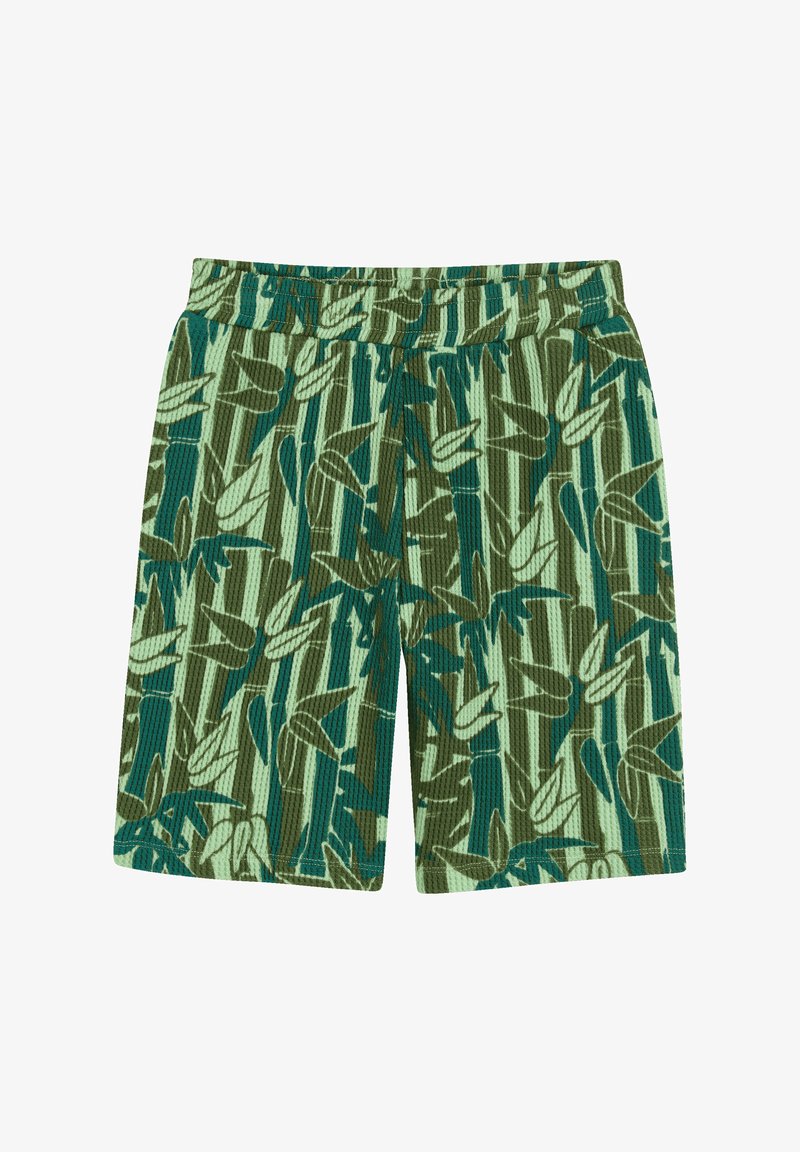 Groene shorts met een bladerthema in verschillende tinten groen. De stof heeft een gestructureerde, geribbelde afwerking en een elastische tailleband.