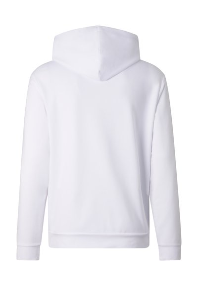 Plain white hoodie shown from the back with a hood, long sleeves, and a straight hem, displayed on a white background.