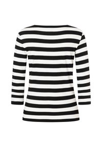 Schwarz-weiß gestreiftes Langarmshirt mit Rundhalsausschnitt, von hinten auf einem weißen Hintergrund dargestellt.