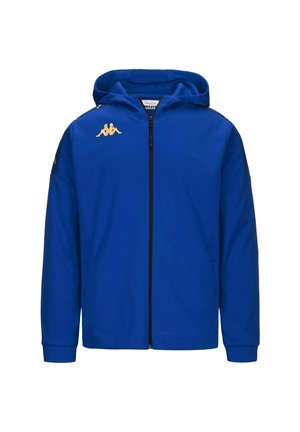 Felpa blu con zip realizzata in un tessuto liscio. Presenta una zip nera, tasche laterali, polsini a costine e un logo dorato sul lato sinistro del petto.