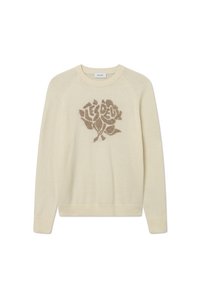 Cremfarbener Pullover mit braunem Blumenmuster in der Mitte, aus weichem Stoff gefertigt, mit gerippten Bündchen und Saum, rundem Halsausschnitt und Raglanärmeln.