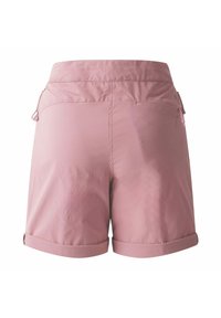 Rosa Shorts mit einer glatten Textur, ausgestattet mit einem umgeschlagenen Saum, verstellbarem Bund und zwei hinteren Taschen zur Aufbewahrung.