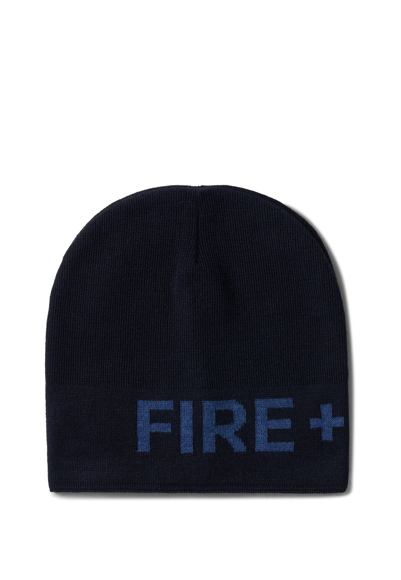 Granatowa dziana czapka beanie o dopasowanym fasonie. Na złożonym mankie pojawia się napis "FIRE+" w jasnoniebieskim kolorze. Miękka tekstura.