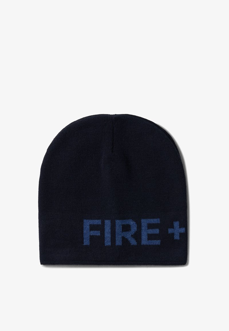 Granatowa dziana czapka beanie o dopasowanym fasonie. Na złożonym mankie pojawia się napis "FIRE+" w jasnoniebieskim kolorze. Miękka tekstura.