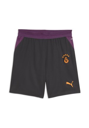 Short de sport noir avec une taille et des côtés violets, arborant un logo Puma orange et un emblème à cinq étoiles.