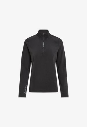Zwart lange mouwen pullover gemaakt van fleece, met een driekwartrits bij de nek en het "Polartec" logo op de mouw.