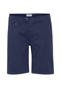 Shorts bleu marine en tissu léger, présentant un devant plat, deux poches avant et une fermeture à un bouton.