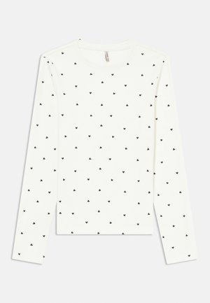 Long-sleeve shirt made of white fabric featuring a scattered black heart pattern, round neckline, and a straight hem.