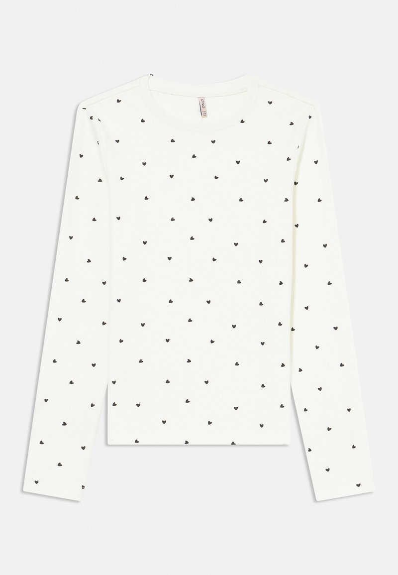 Camisa de manga longa feita de tecido branco com um padrão de corações pretos espalhados, decote redondo e bainha reta.