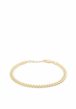 Złota bransoletka łańcuszkowa z połączonymi ogniwami, o fakturowanym wykończeniu i bezpiecznym zapięciu. Zawiera regulowany przedłużacz łańcuszka.