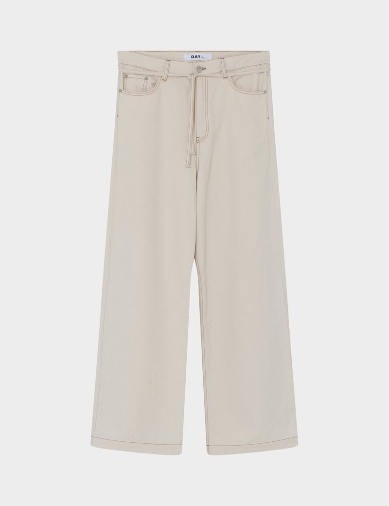 Pantaloni beige a gamba larga con vita alta, dotati di chiusura con coulisse, tasche frontali e cuciture a contrasto.