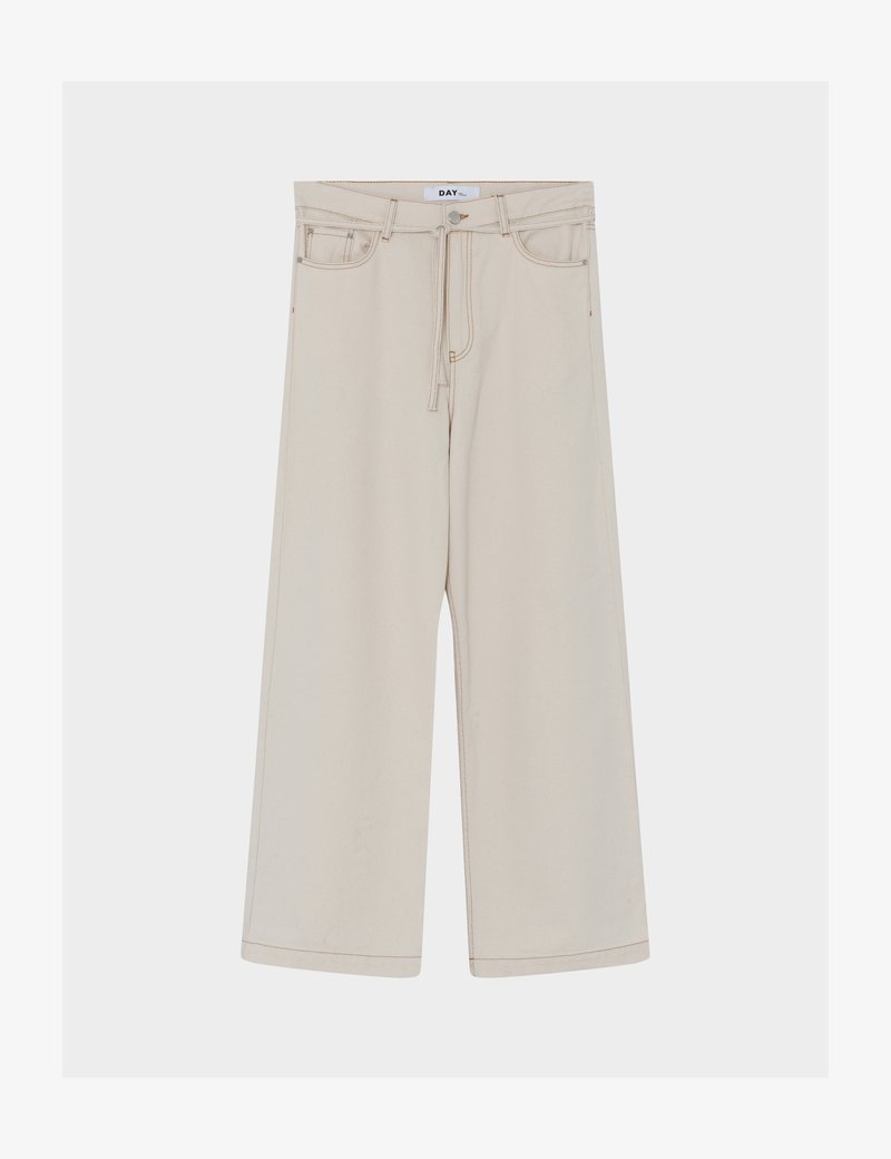 Pantaloni beige a gamba larga con vita alta, dotati di chiusura con coulisse, tasche frontali e cuciture a contrasto.