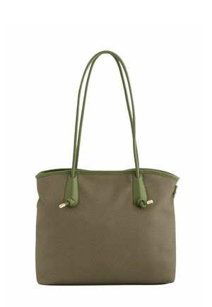 Teksturowana torba typu tote w oliwkowej zieleni z długimi podwójnymi uchwytami i detalami w postaci węzłów u podstawy każdego uchwytu.