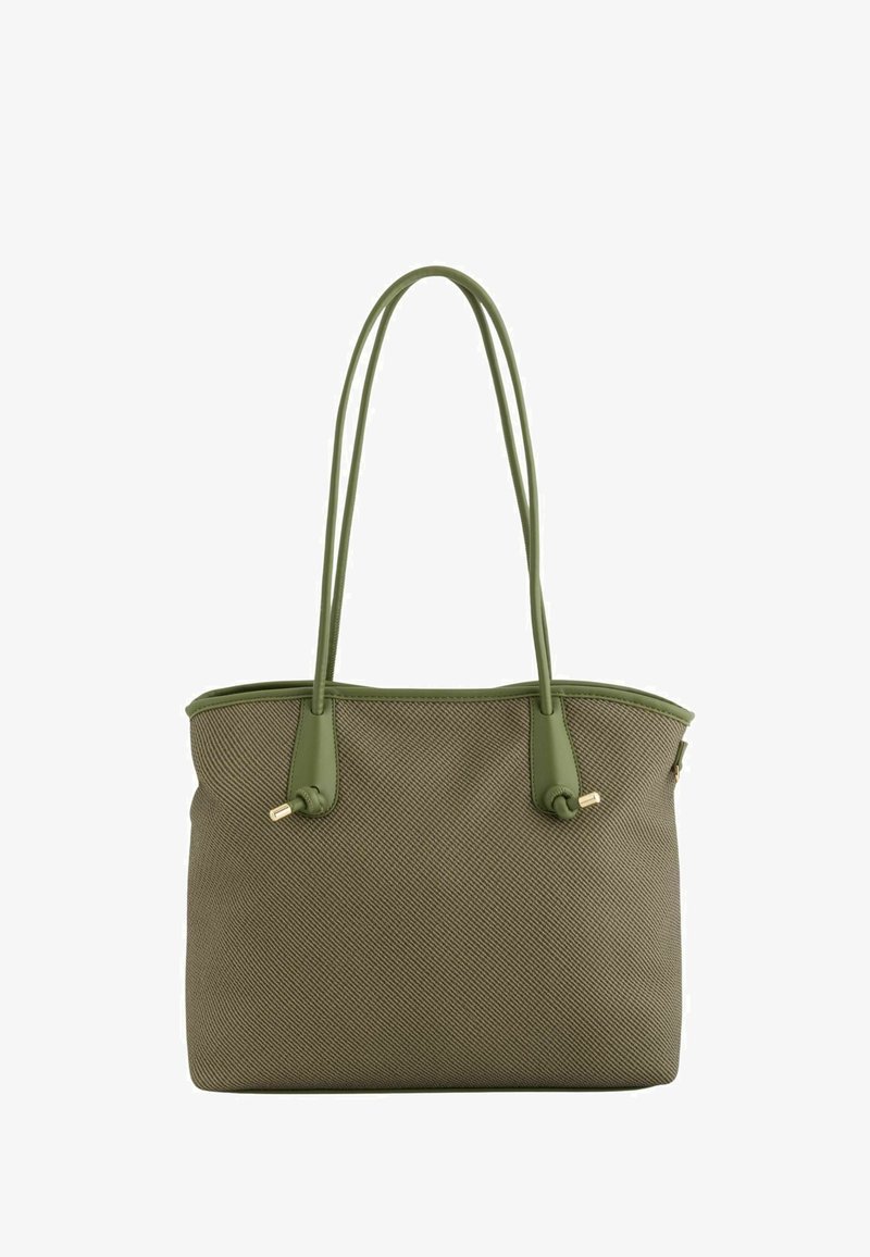Bolso tote texturizado verde oliva con largas asas dobles y detalles de nudos cerca de la base de cada asa.