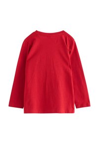 Red long-sleeve shirt made of cotton. Simple design with a crew neckline and straight hem. Soft texture, no patterns or hardware details.
