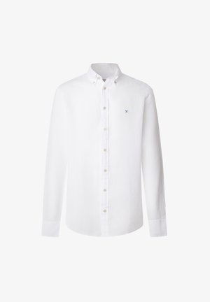 Bijela košulja dugih rukava od lana s kragnom na gumbe, s malim plavim logotipom i bež gumbima duž otvora.