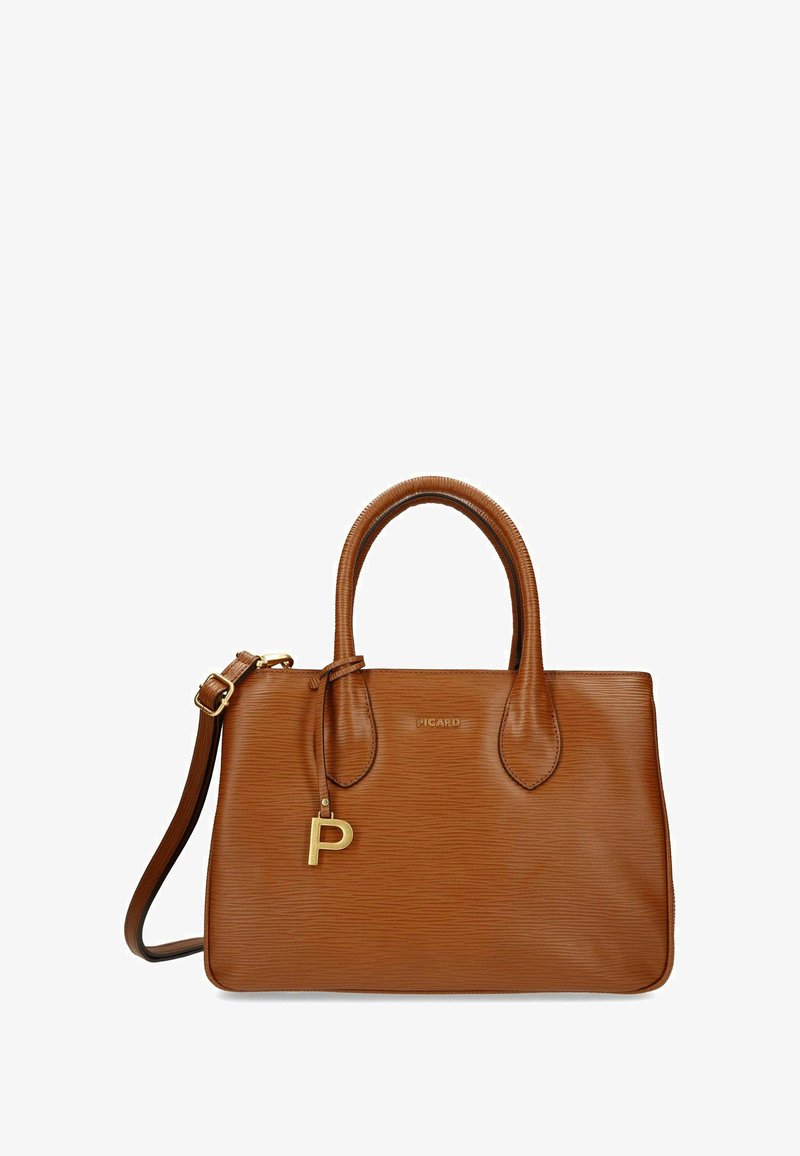 Borsa a mano in pelle marrone con due manici, tracolla removibile, charm con la lettera "P" dorata e logo "Picard" sul davanti.