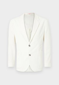 White, textured blazer with a slim fit, featuring two buttons, a pocket on the left, and a smooth inner lining.