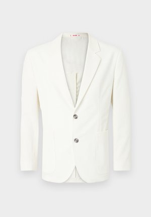 White, textured blazer with a slim fit, featuring two buttons, a pocket on the left, and a smooth inner lining.