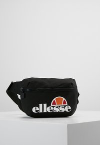 Black fabric fanny pack with a zippered closure, featuring a red, orange, and white Ellesse logo on the front. Smooth texture.