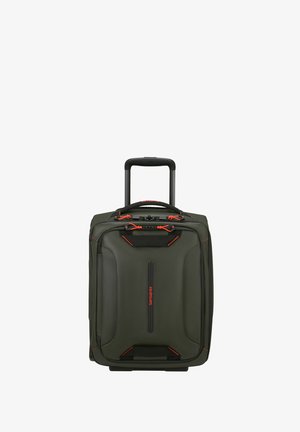 Green suitcase with black and orange accents, featuring a hard exterior, two wheels, and a telescopic handle. Front zip pocket included.
