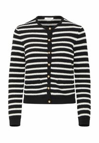 Gilet en tricot avec des rayures noires et blanches, doté d'un col rond, de manches longues et de boutons en métal doré sur le devant.