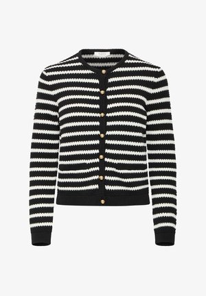 Gebreide cardigan met zwart-witte strepen, met een ronde halslijn, lange mouwen en gouden knopen aan de voorkant.