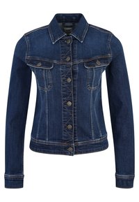 Chaqueta de denim azul oscuro con cierre de botones en la parte frontal, cuello puntiagudo, dos bolsillos en el pecho y costuras de contraste. Diseño clásico con mangas largas.
