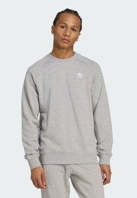 Grå sweatshirt i strukturerad tyg, med långa raglanärmar, rundad halsringning och en liten vit logotyp på bröstet.