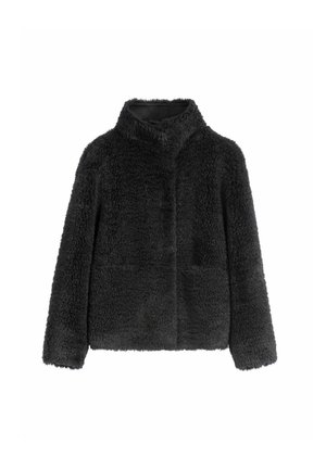 Czarna kurtka z futra sztucznego z wysokim kołnierzem, długimi rękawami i dwoma przednimi kieszeniami. Miękka, teksturowana powierzchnia i luźny krój.