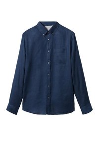 Chemise à manches longues bleu marine en mélange de lin, avec un col boutonné, une poche avant et une patte de boutonnage avec des boutons en argent.