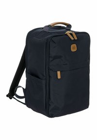 Zaino navy realizzato in tessuto resistente, con un compartimento principale con zip, tasca frontale, dettagli in pelle beige e spallacci imbottiti.