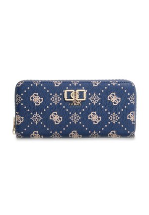 Portafoglio Guess blu navy con motivo monogram beige, dettaglio doppia fibbia color oro e chiusura con zip su tutto il perimetro.