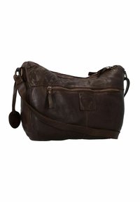 Borsa a spalla in pelle marrone con una forma curva, dotata di un comparto con zip, cuciture decorative e una tracolla regolabile.