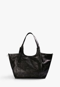 Suuri musta nahkainen käsilaukku, jossa on sileä pinta, lyhyet kahvat ja leveä aukko. Varustettu vetoketjulli suljettavalla sivulla.