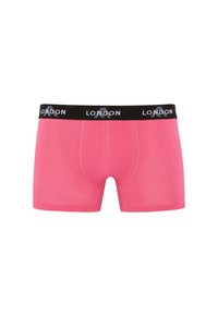 Pink boxer shorts with a black elastic waistband featuring the word "LONDON" in gray. Smooth texture and fitted design.