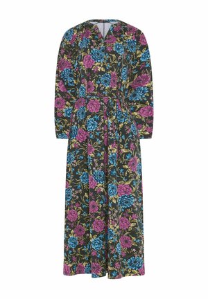 Blumenkleid mit langen Ärmeln in Schwarz, verziert mit großen lila und blauen Blumen, einem V-Ausschnitt und einer taillierten Taille. Glatte Stoffoberfläche.