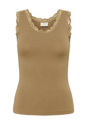 Canotta beige senza maniche a coste con bordo di pizzo intorno allo scollo e alle aperture delle braccia, design aderente, etichetta del marchio all'interno del colletto.