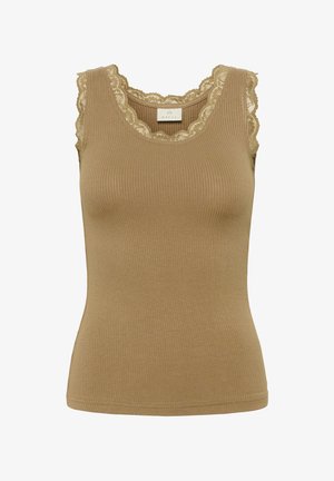 Canotta beige senza maniche a coste con bordo di pizzo intorno allo scollo e alle aperture delle braccia, design aderente, etichetta del marchio all'interno del colletto.