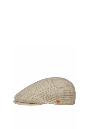 Beige Schiebermütze mit dezentem Karomuster und kleinem rundem orangefarbenem Logo an der Seite.
